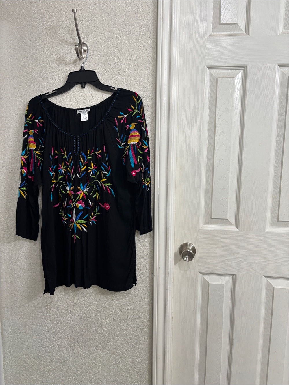 Embroidered Black Peasant Blouse with Multicolor Floral Stitching